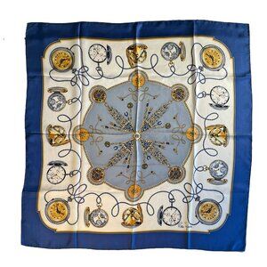 Vintage Swiss Silk Scarf – “Rolex Genève” Pocket Watch Print – 35" x 35"